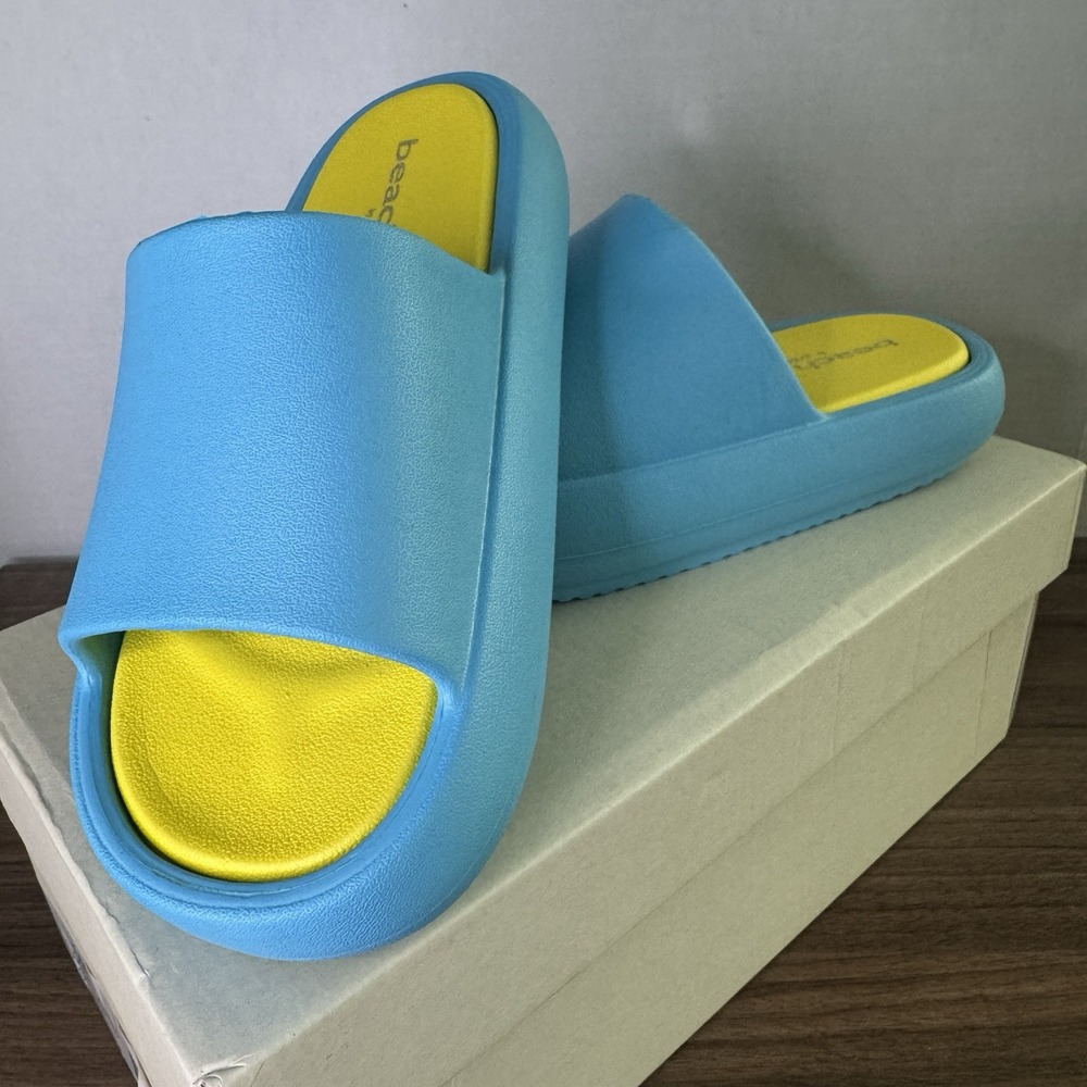 BEACH‎ SLIDES BY J SLIDES Sandals Turquoise/Yellow Eva Squish Womens Sz 6M NIB